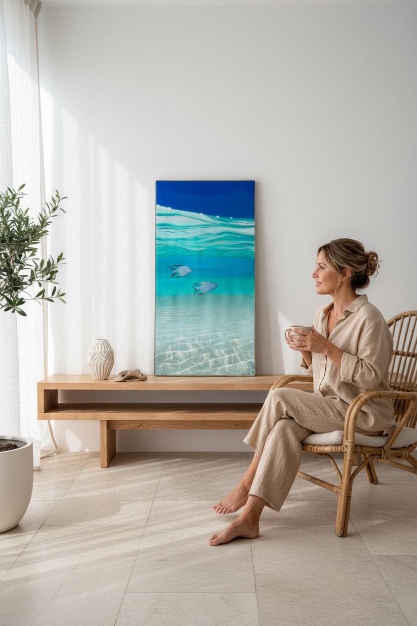 Resin Ocean Painting: Tropical Fish Coastal Wall Art with Rope Frame, Ready To Ship