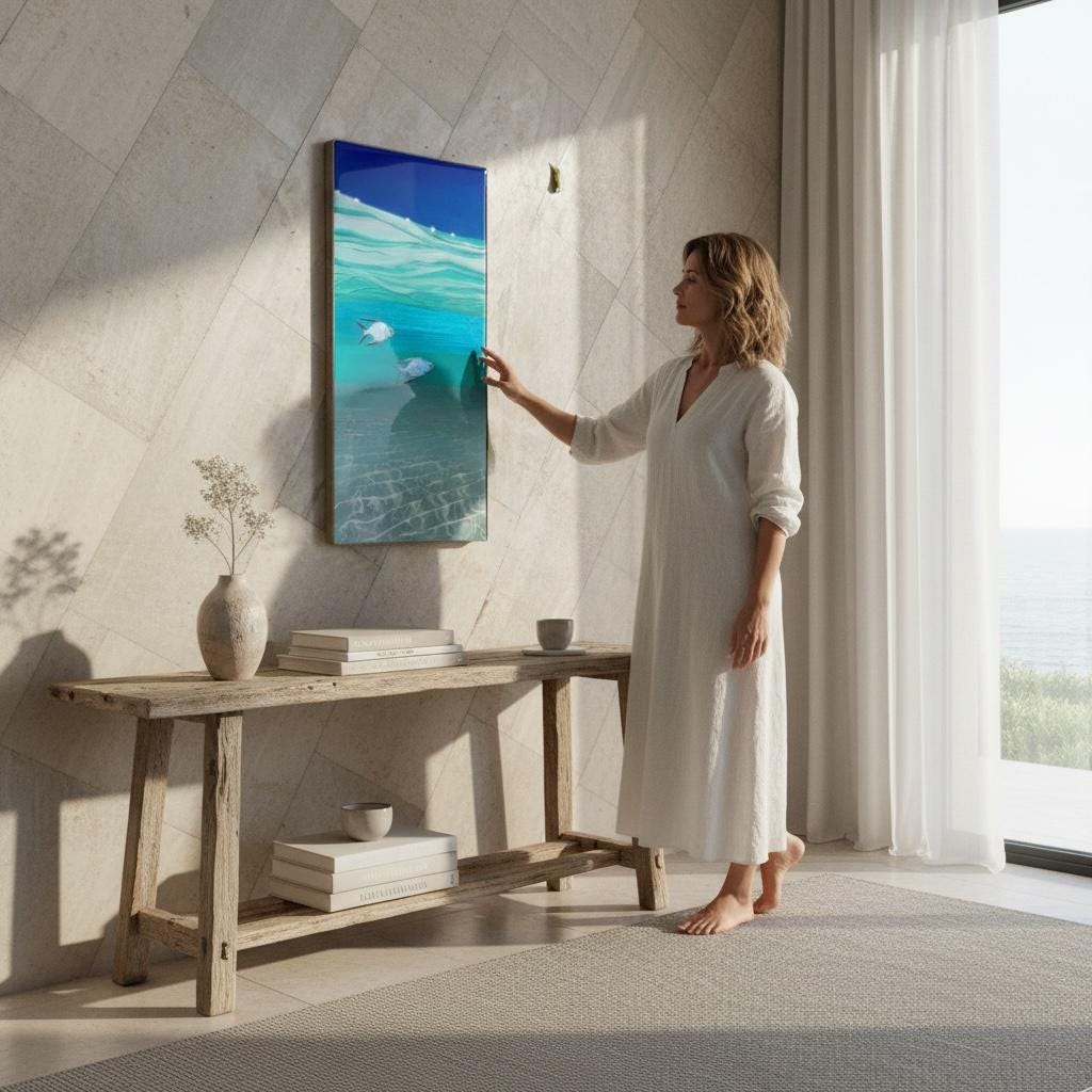 Resin Ocean Painting: Tropical Fish Coastal Wall Art with Rope Frame, Ready To Ship