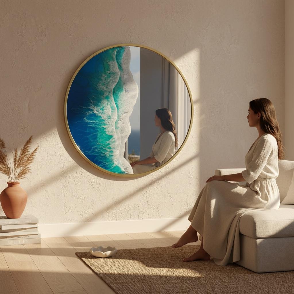 Large Round Resin Ocean Mirror 100 cm | Made to Order Coastal Wall Mirror | Handmade Resin Art Mirror | Gold Frame Statement Mirror