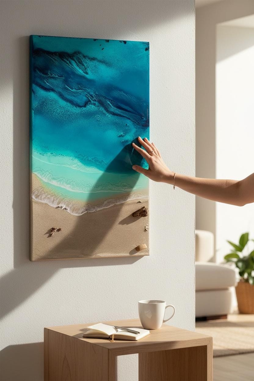 Ready to Ship Original Ocean Artwork, Ocean Veins – 80×50cm Resin Ocean Painting | Mixed Media Coastal Wall Art | Framed in Aluminium