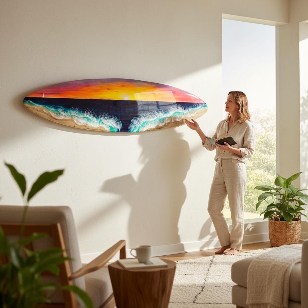 Resin Surfboard Wall Art – Sunset Ocean Decor – Handmade Coastal Wall Hanging – Beach House Art – Small Surfboard Resin Artwork