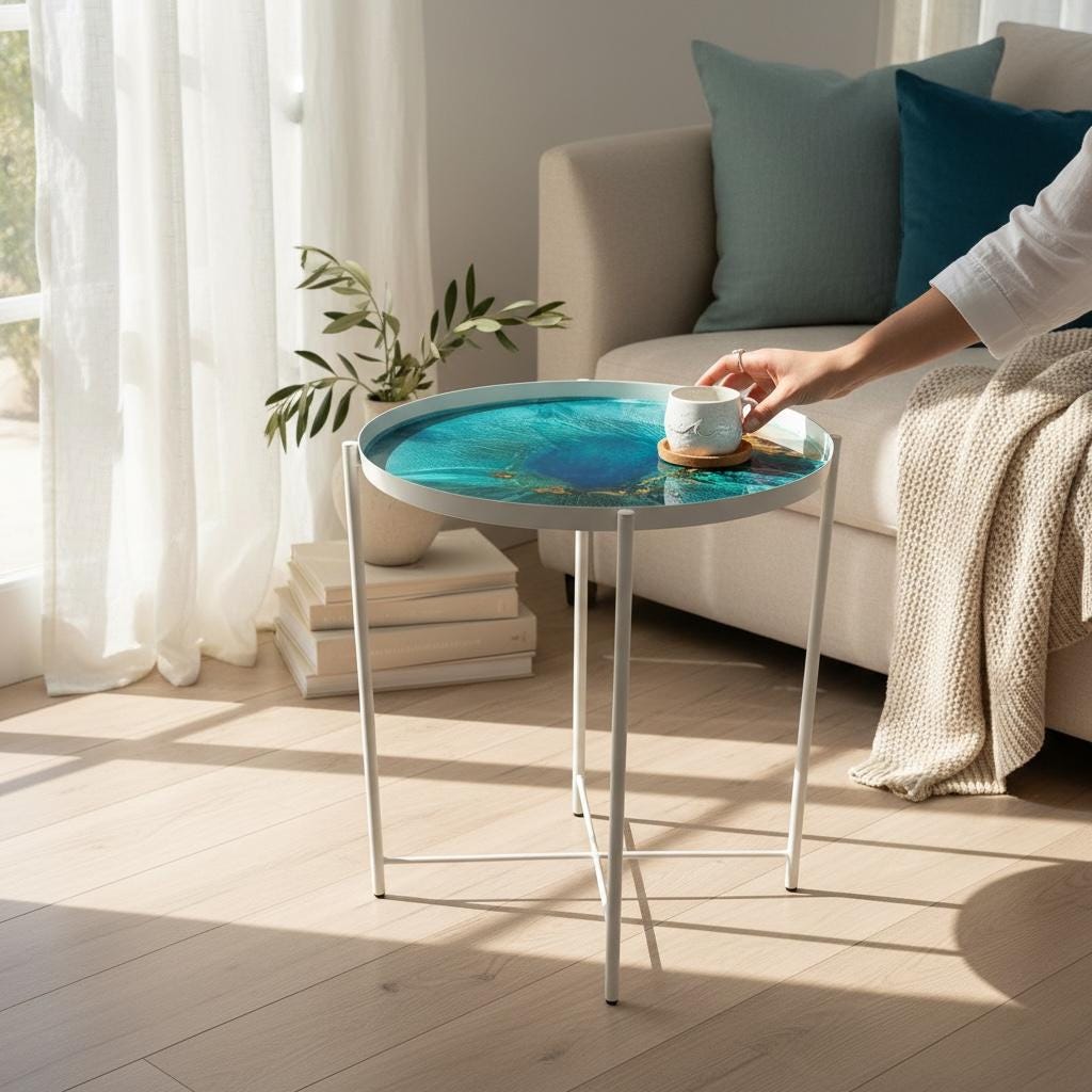 Reef Windows No. 1 – Convertible Resin Art Side Table & Tray | Ocean-Inspired Functional Art Furniture
