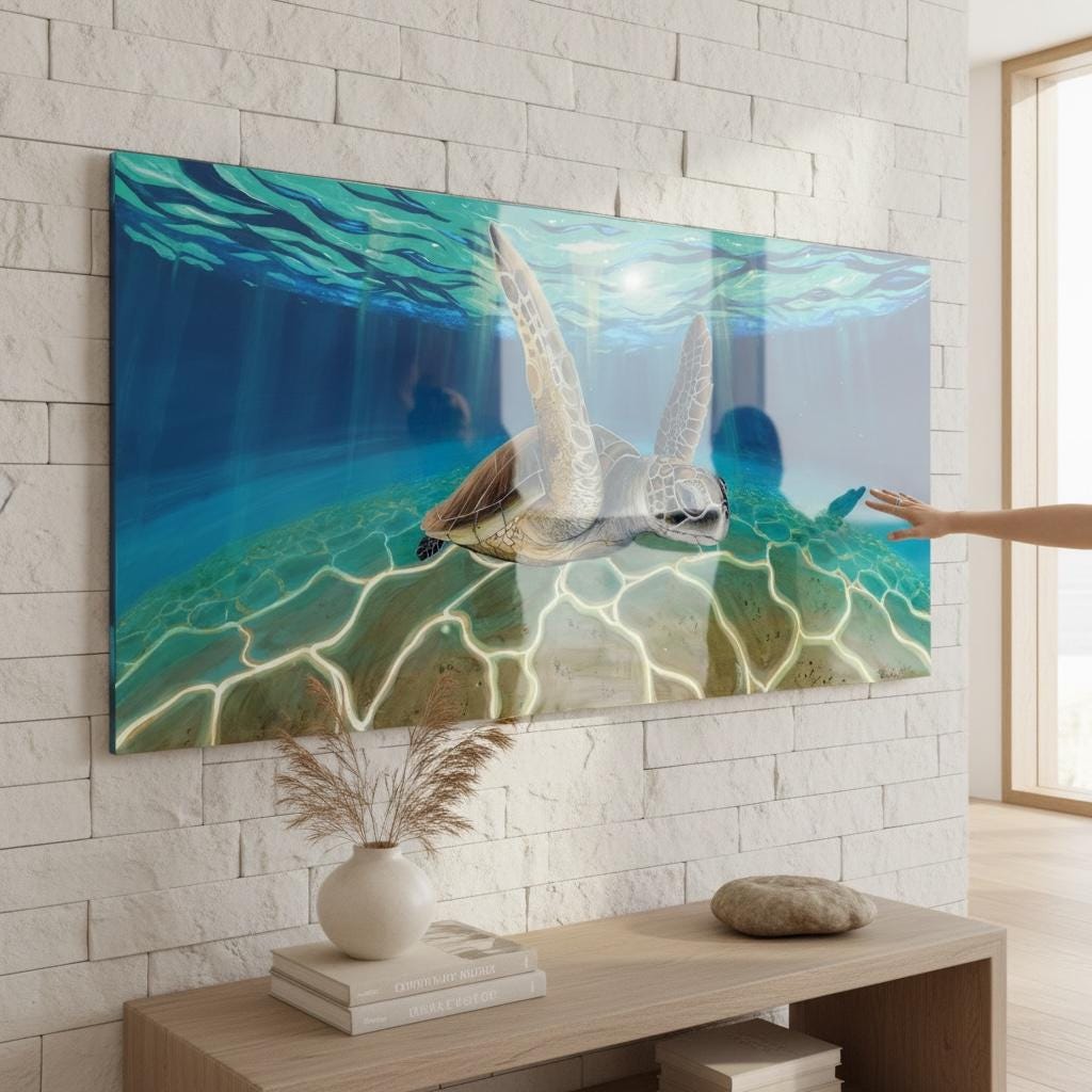 Ready to Ship Original Ocean Artwork, Resin Ocean Turtle Art: Handmade Underwater Sea Turtle Painting on Wood (120x60 cm)