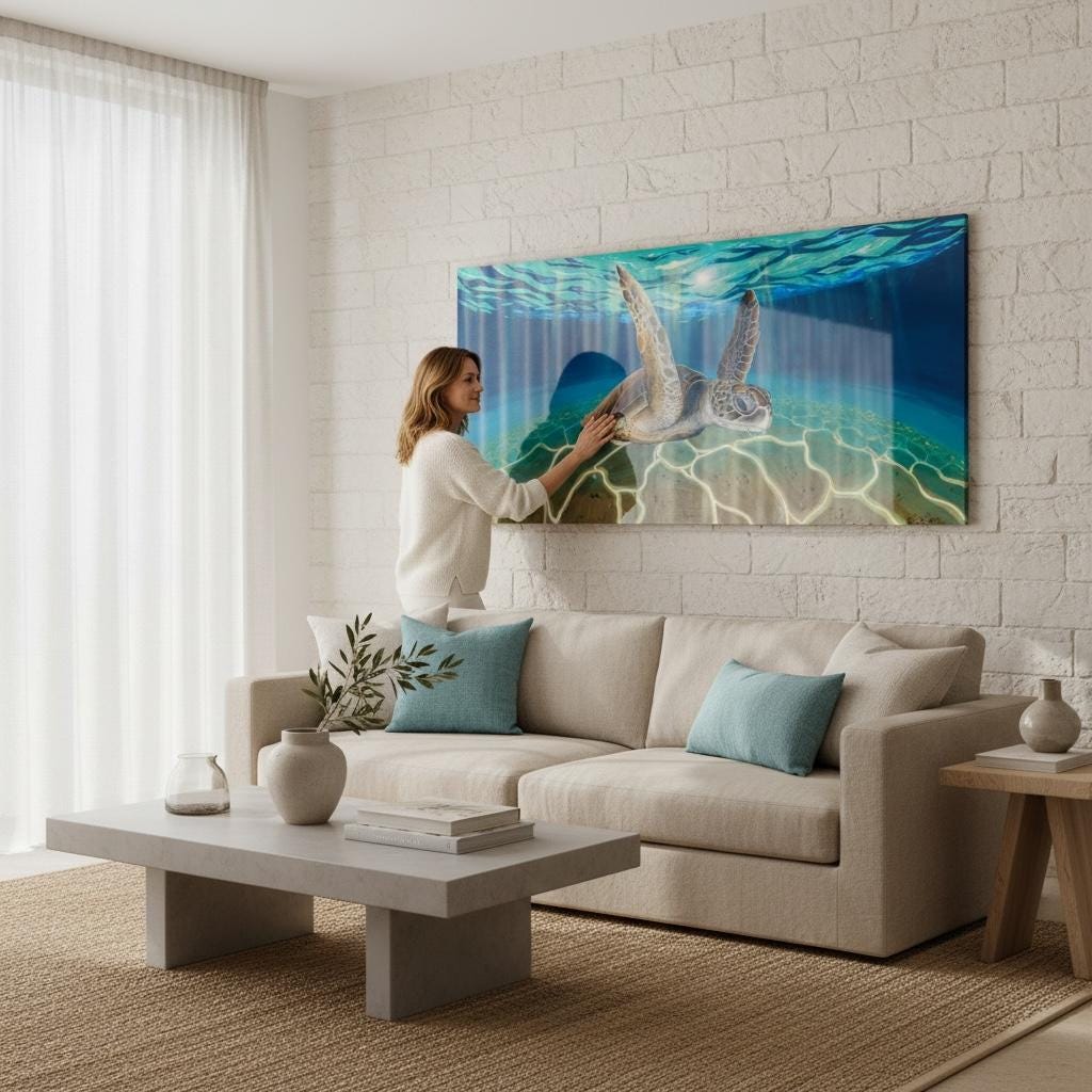 Ready to Ship Original Ocean Artwork, Resin Ocean Turtle Art: Handmade Underwater Sea Turtle Painting on Wood (120x60 cm)