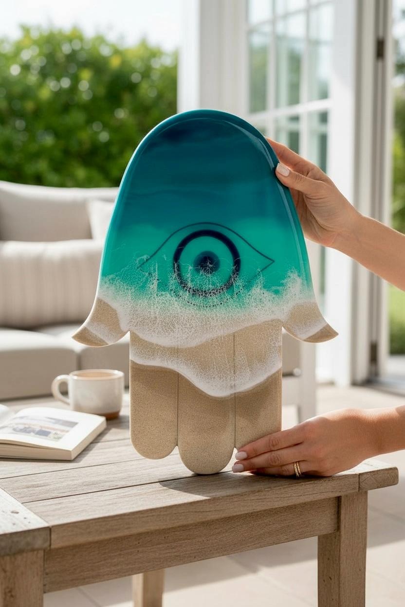 Ocean Hamsa Hand Wall Art – Resin Evil Eye Protection Decor • 50cm Coastal Spiritual Wall Sculpture • Beach House Gift • Handmade in Spain