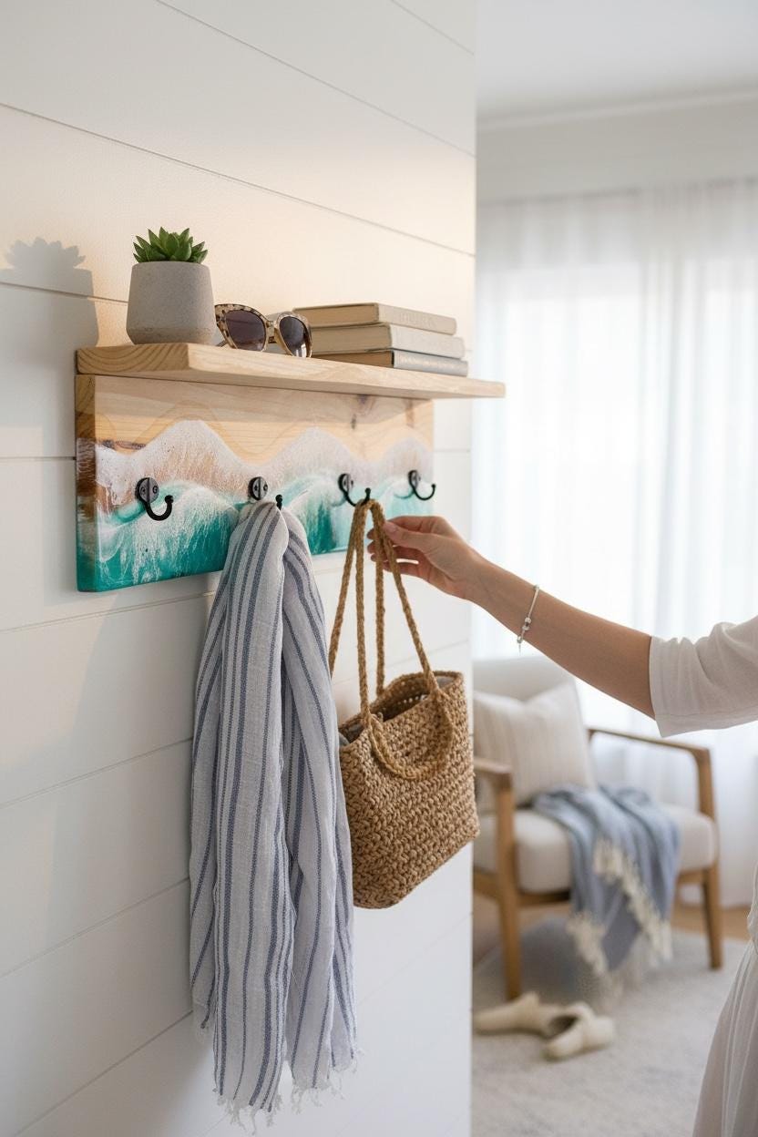 Handmade Resin Coat Rack – Coastal Wall Hook Rack with 3, 4 or 5 Hooks | Ocean-Inspired Entryway Organizer | Functional Resin Art
