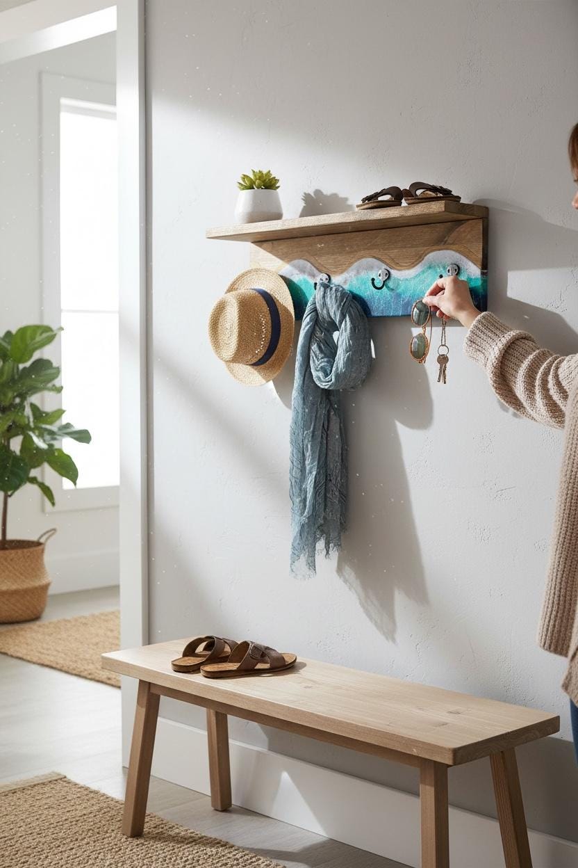 Handmade Resin Coat Rack – Coastal Wall Hook Rack with 3, 4 or 5 Hooks | Ocean-Inspired Entryway Organizer | Functional Resin Art