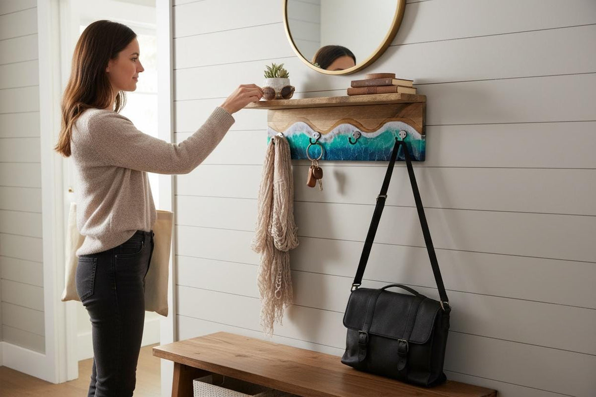 Handmade Resin Coat Rack – Coastal Wall Hook Rack with 3, 4 or 5 Hooks | Ocean-Inspired Entryway Organizer | Functional Resin Art