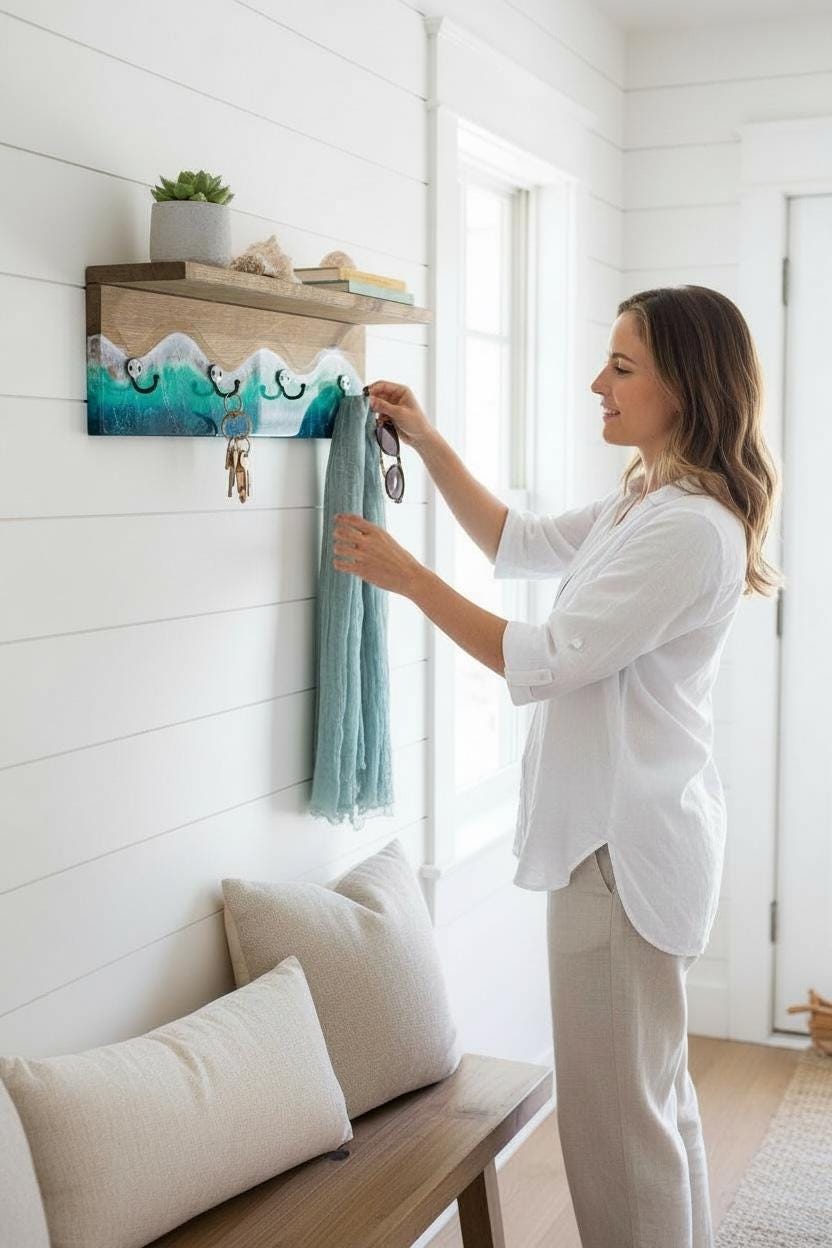 Handmade Resin Coat Rack – Coastal Wall Hook Rack with 3, 4 or 5 Hooks | Ocean-Inspired Entryway Organizer | Functional Resin Art