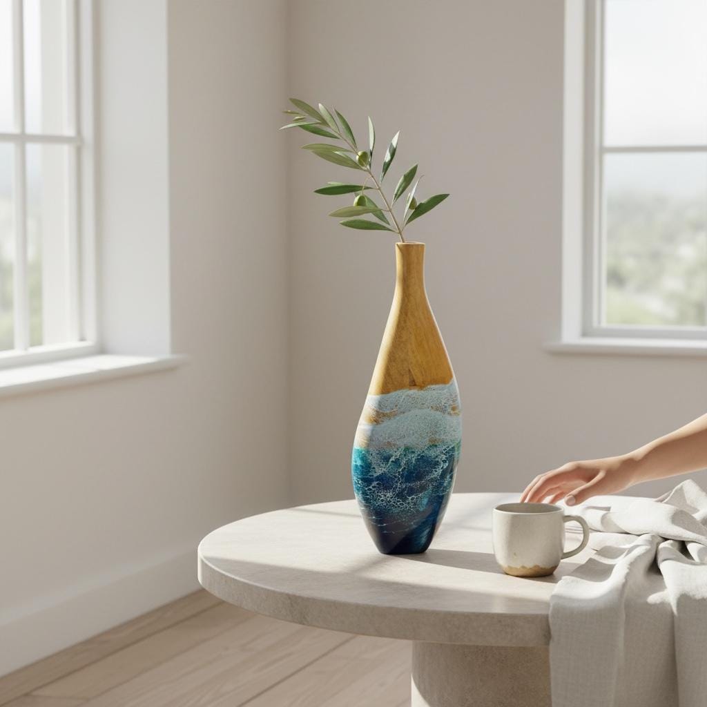 Wooden Vase with Resin Ocean Wave – Handmade Coastal Home Decor