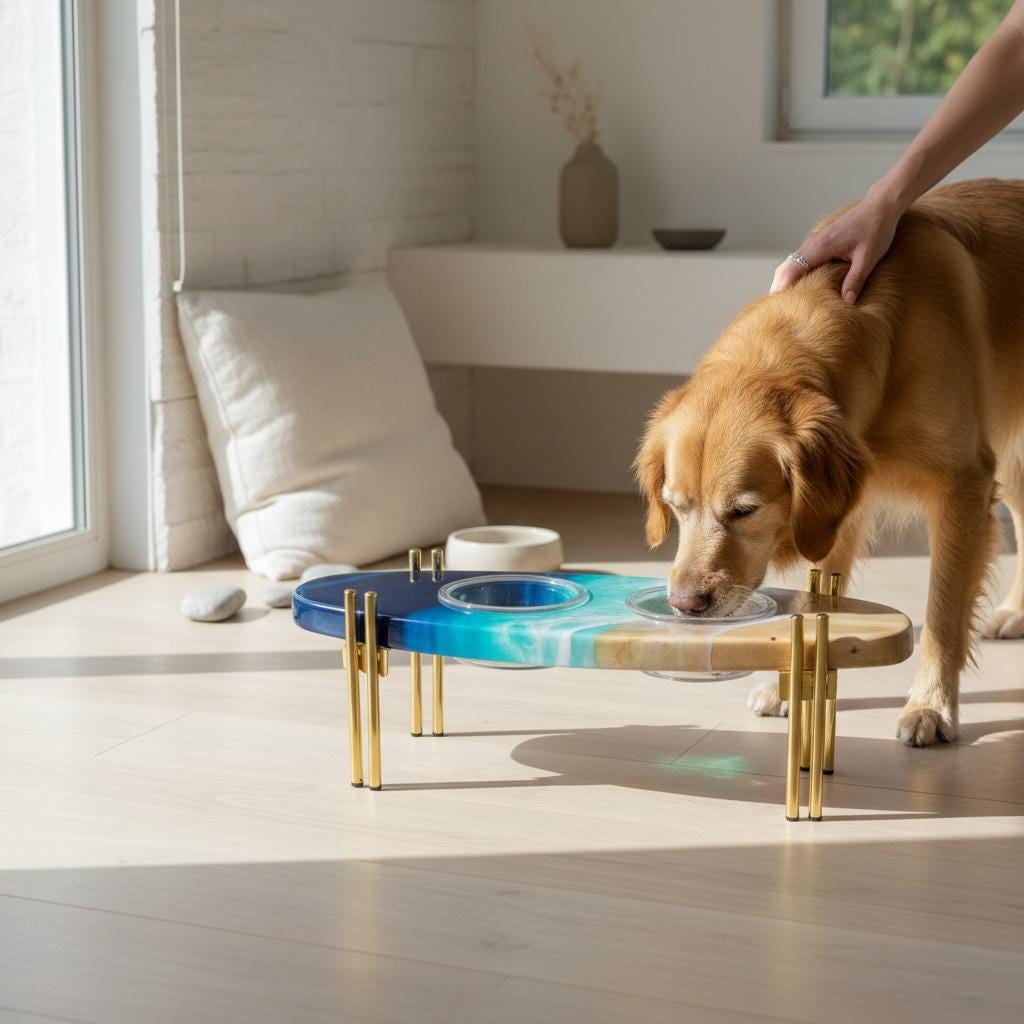 Handmade Surfboard Dog Feeder | Ocean Wave Resin Art, Coastal Pet Bowl Stand