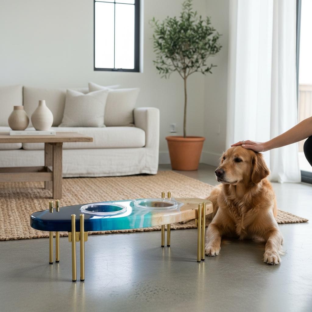Handmade Surfboard Dog Feeder | Ocean Wave Resin Art, Coastal Pet Bowl Stand