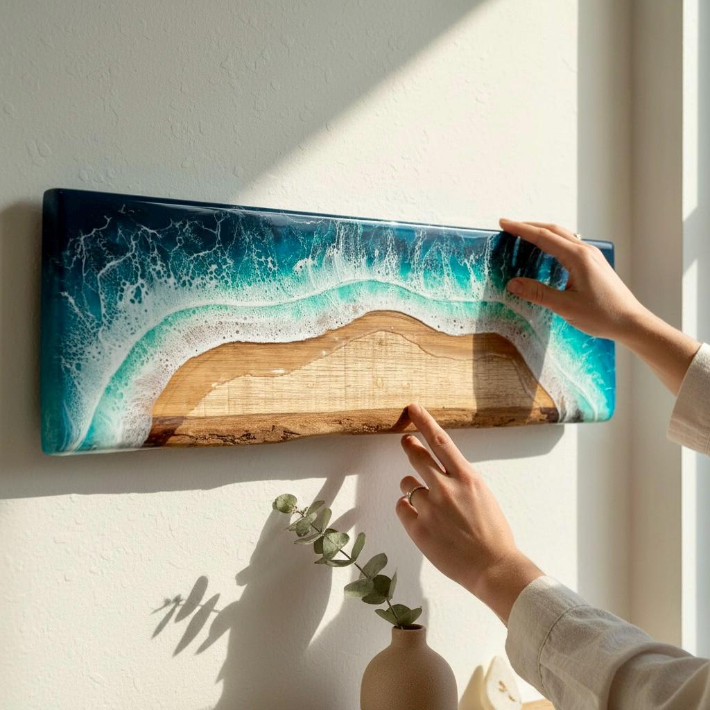 Resin Ocean Wave Oak Floating Shelf, Coastal Decor (60cm)