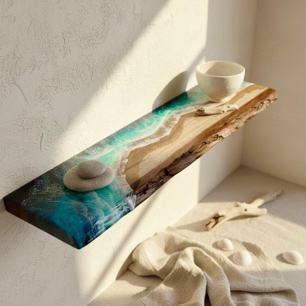 Resin Ocean Wave Oak Floating Shelf, Coastal Decor (60cm)