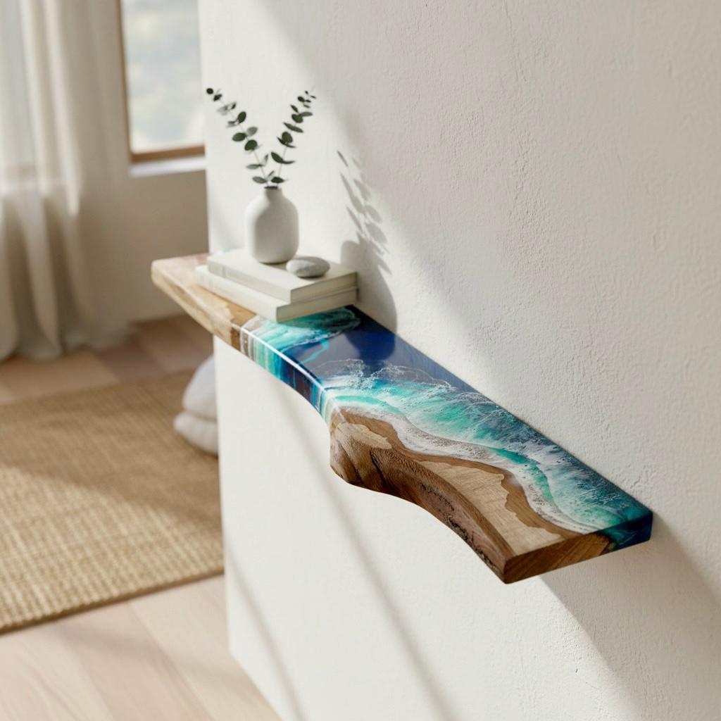 Set of 2 Real Oak Resin Ocean Floating Shelves 90cm | Coffee Station Shelf with Mug Rack | Handmade Coastal Wall Shelves | Beach House Decor