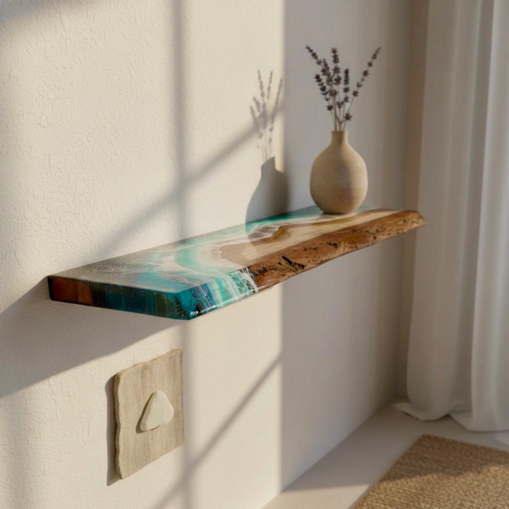 Luxury Ocean Floating Shelves Set of 3 (60cm Each) | Handmade Resin Coastal Wall Decor | Rustic Oak Beach House Shelves