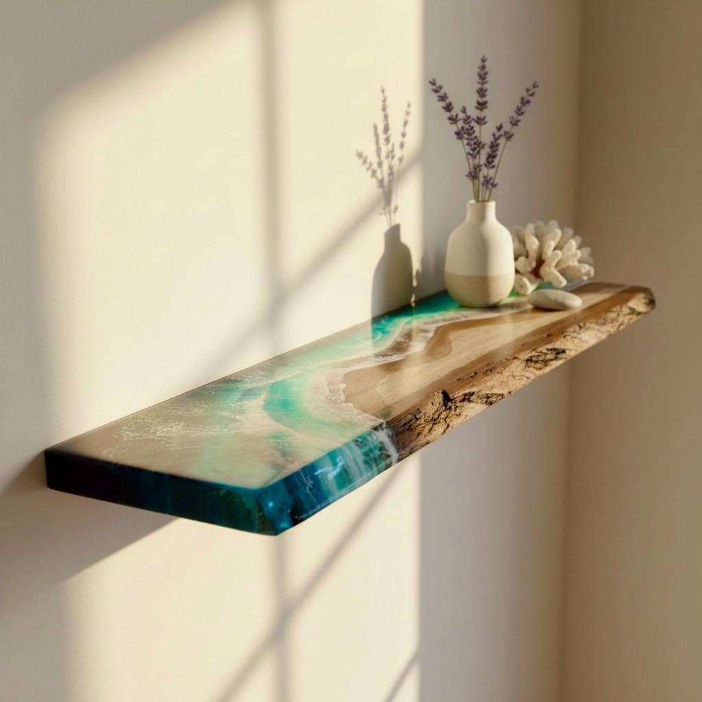 Handmade Oak Floating Shelf with Turquoise Resin Ocean Waves (60 cm)