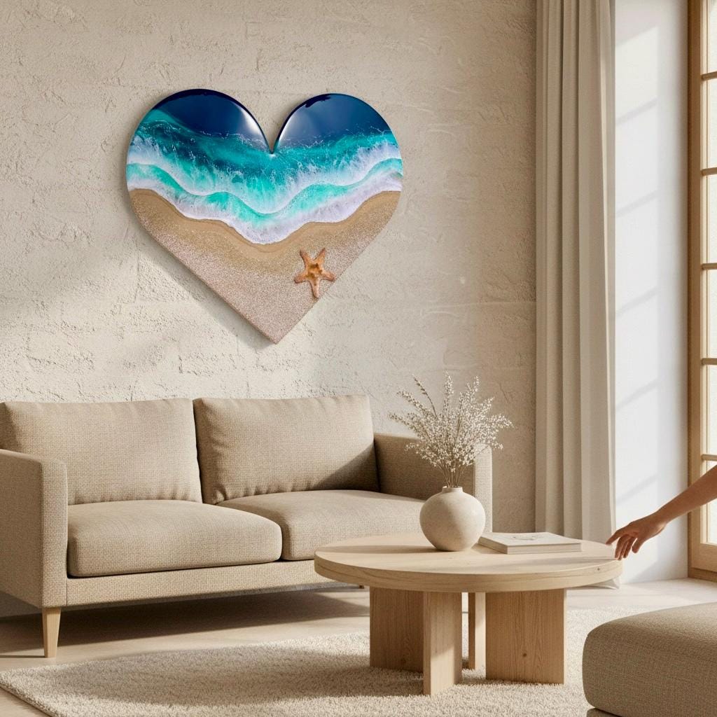 Heart Resin Ocean Art – Coastal Heart Wall Decor – Epoxy Wave Painting – Beach Lovers Gift – Ocean Heart Resin Artwork – Romantic Sea Gift
