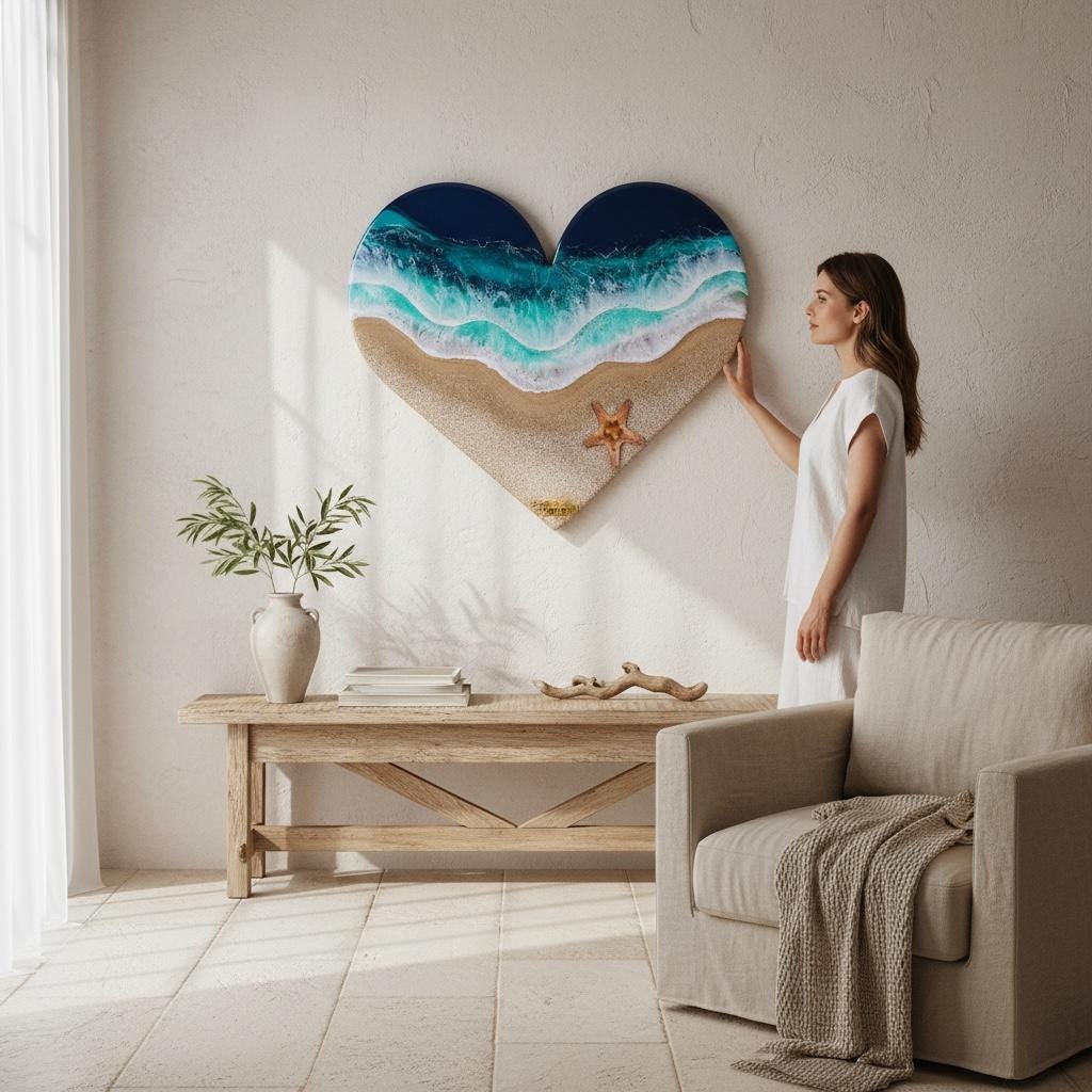 Heart Resin Ocean Art – Coastal Heart Wall Decor – Epoxy Wave Painting – Beach Lovers Gift – Ocean Heart Resin Artwork – Romantic Sea Gift