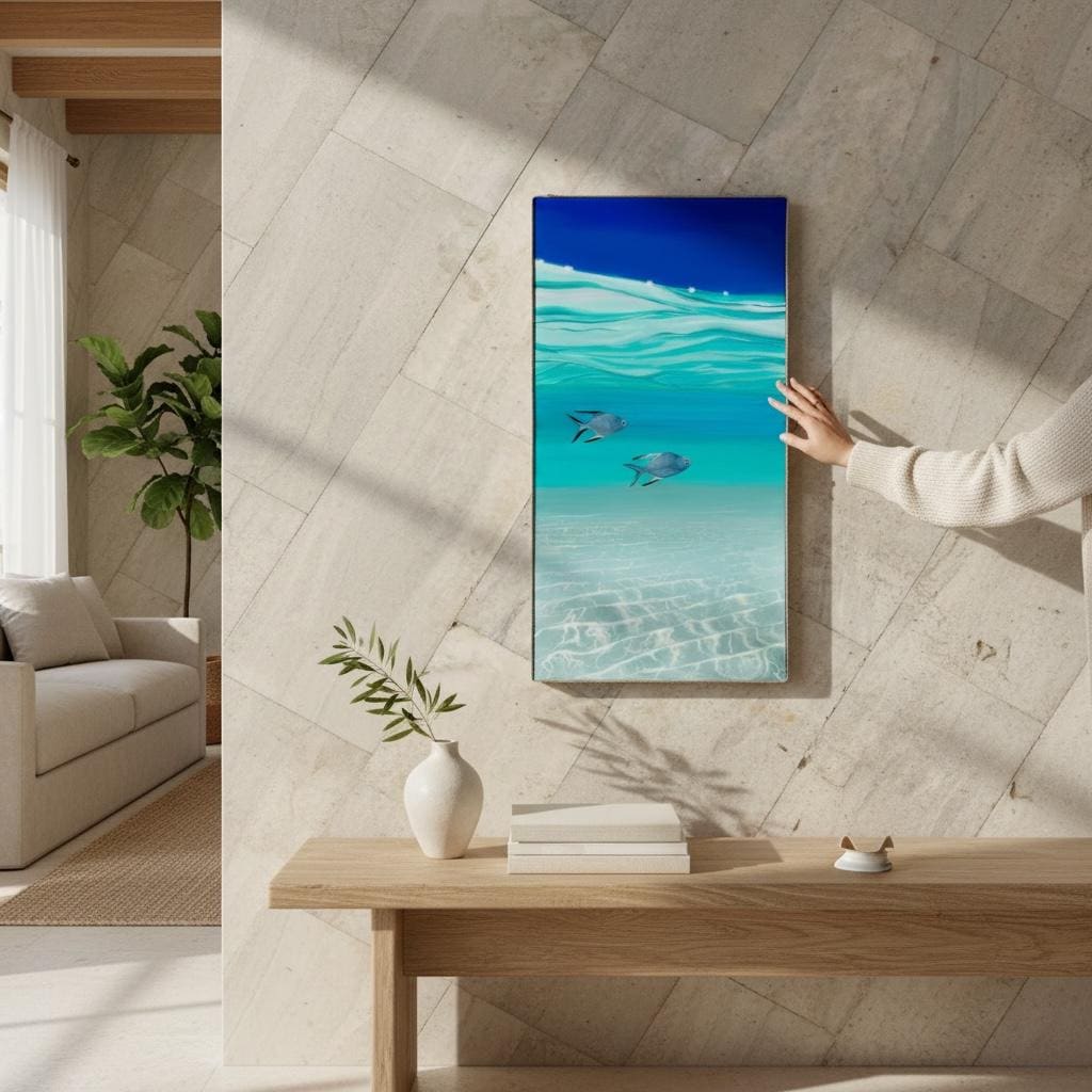 Resin Ocean Painting: Tropical Fish Coastal Wall Art with Rope Frame, Ready To Ship