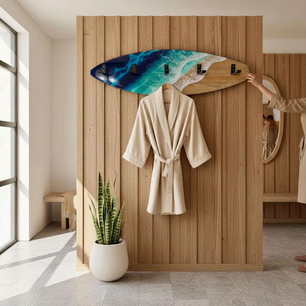 Made to Order Resin Surfboard Wall Rack – Ocean Wave Coat & Towel Hanger – Coastal Entryway Storage – Custom Sizes 100×28 / 120×30 cm