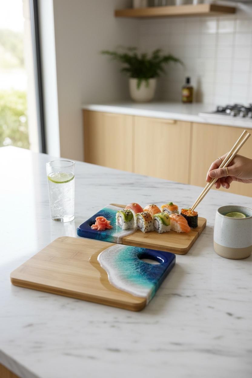 Handmade bamboo boards with resin ocean waves, inspired by the sea. Each piece is made to order and completely unique (20CM)