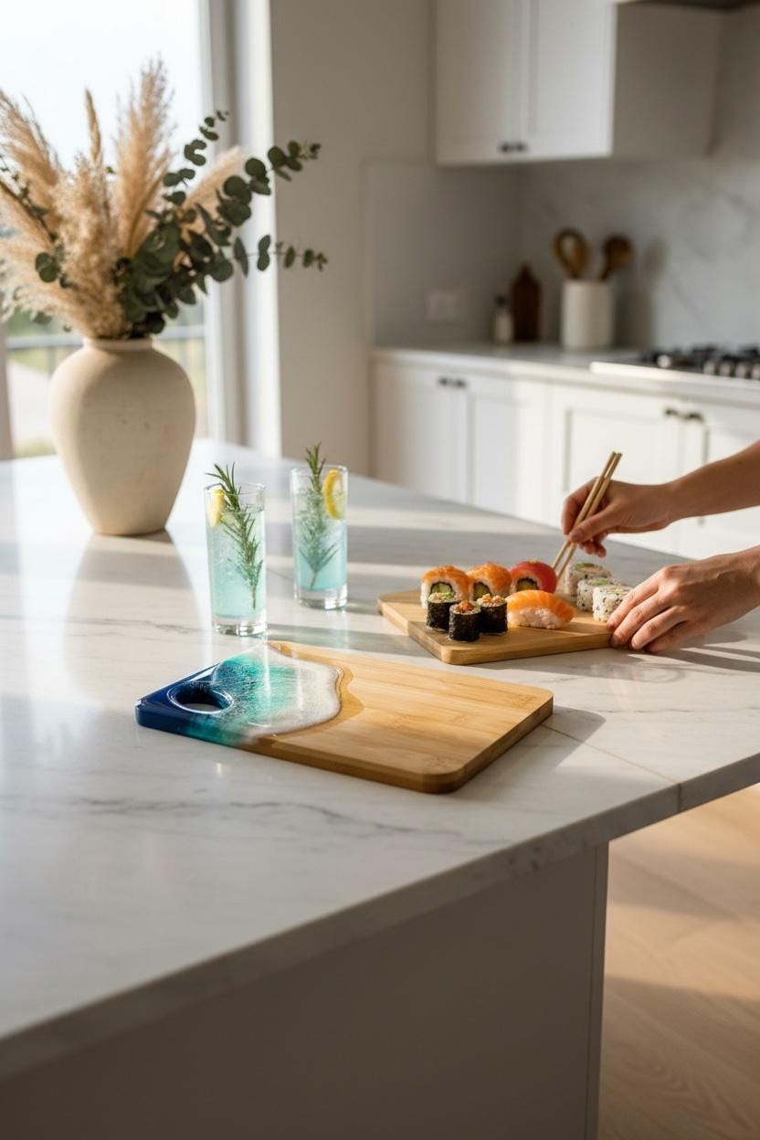Handmade bamboo boards with resin ocean waves, inspired by the sea. Each piece is made to order and completely unique (20CM)