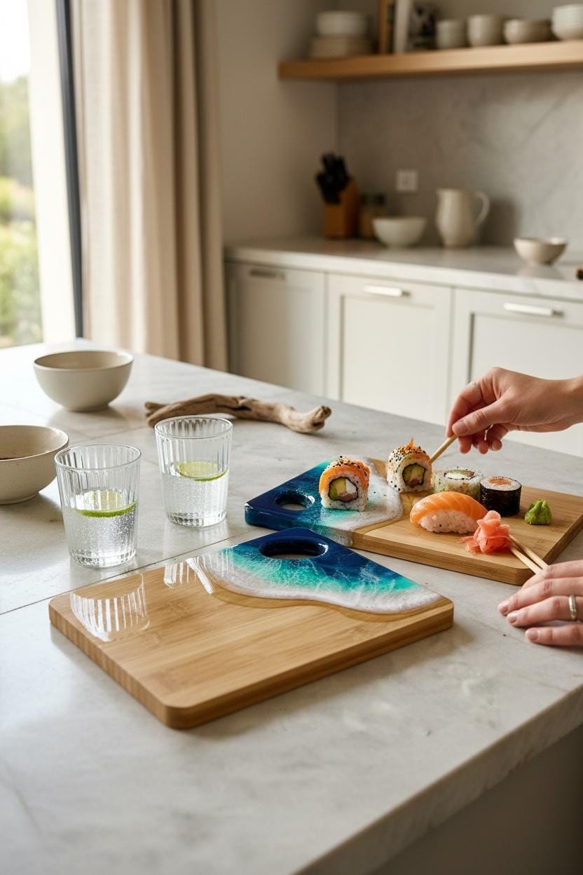 Handmade bamboo boards with resin ocean waves, inspired by the sea. Each piece is made to order and completely unique (20CM)