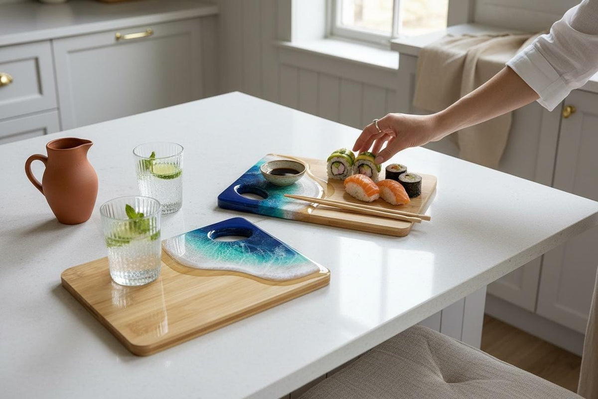 Handmade bamboo boards with resin ocean waves, inspired by the sea. Each piece is made to order and completely unique (20CM)