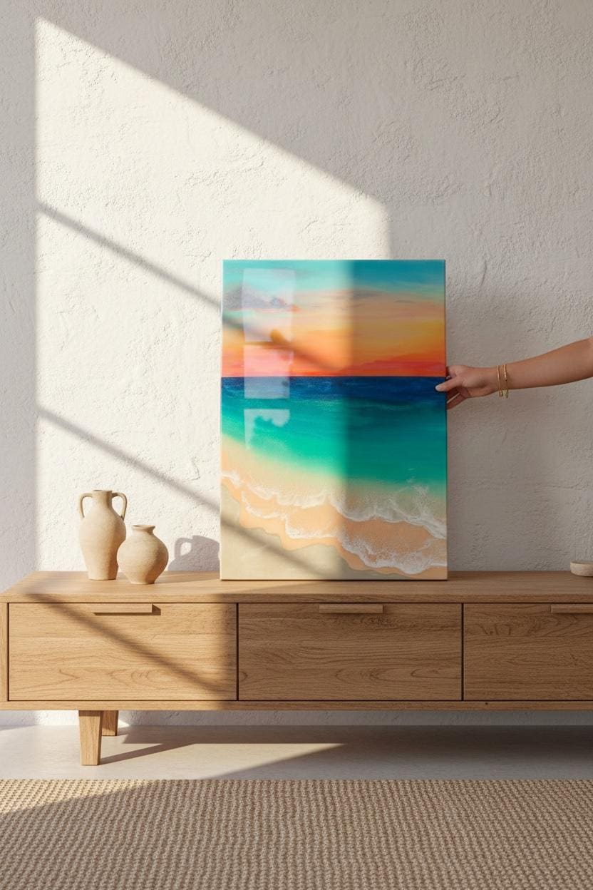 Ready to Ship Original Ocean Artwork, Resin Ocean Painting: Amber Horizon Seascape, Coastal Wall Art (60x40cm)