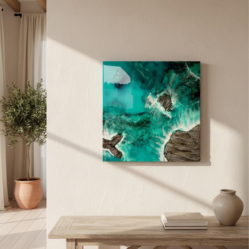 3-D Resin Ocean Wall Art – 60×60 cm Sculptural Coastal Artwork, High-Gloss Epoxy, Original Handmade Art