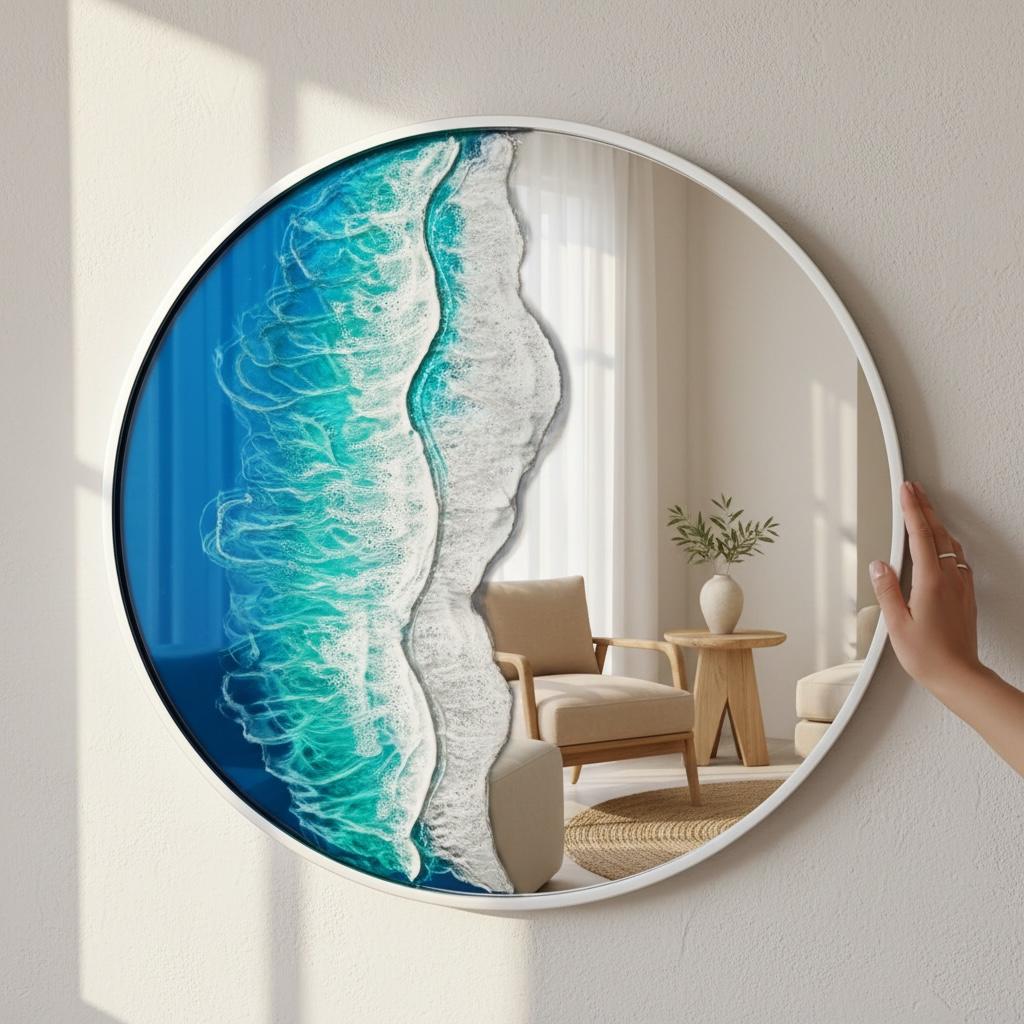 50cm Silver Frame Resin Wave Mirror, Coastal Ocean Wall Mirror, Turquoise Blue Beach House Decor, Round Sea Mirror, Handmade Resin Art