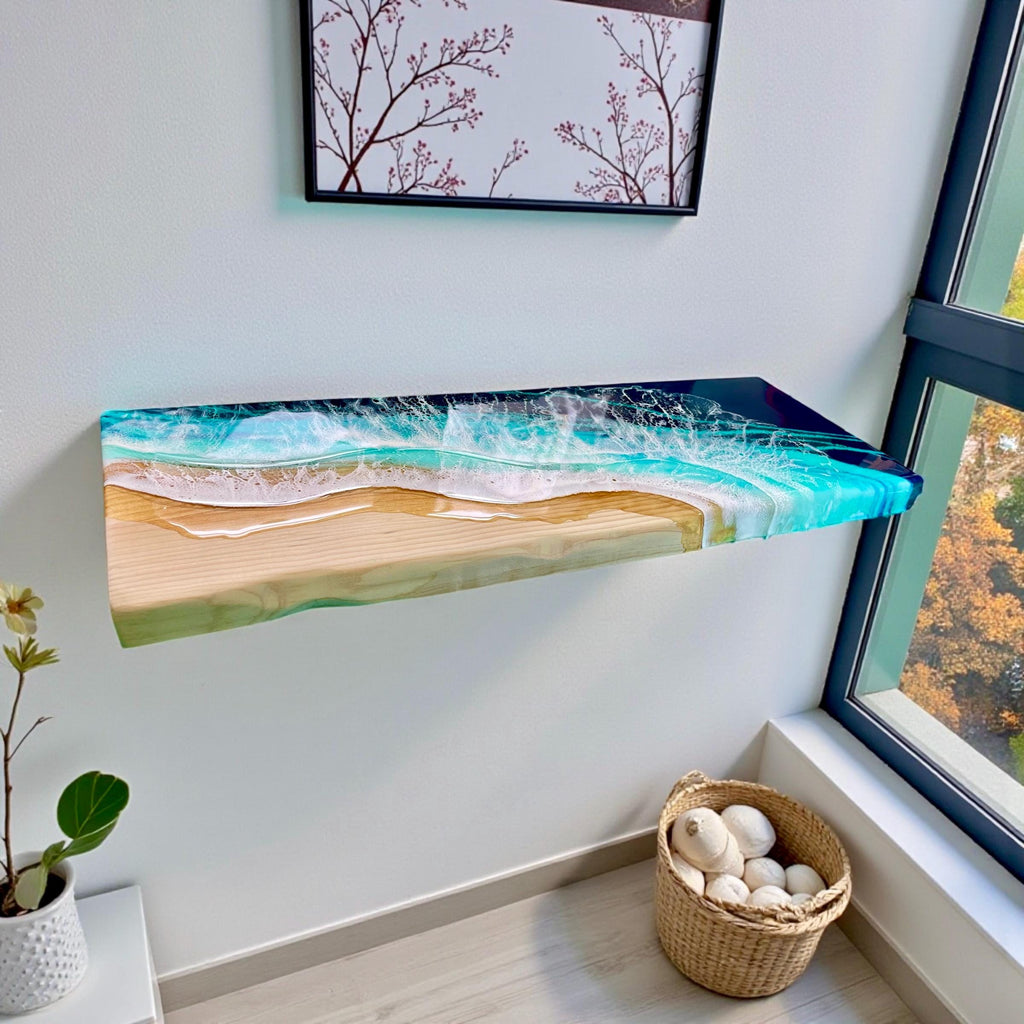 Deep Pine Floating Shelf with Resin Ocean Design – 20 cm Functional Coastal Wall Shelf, Handmade