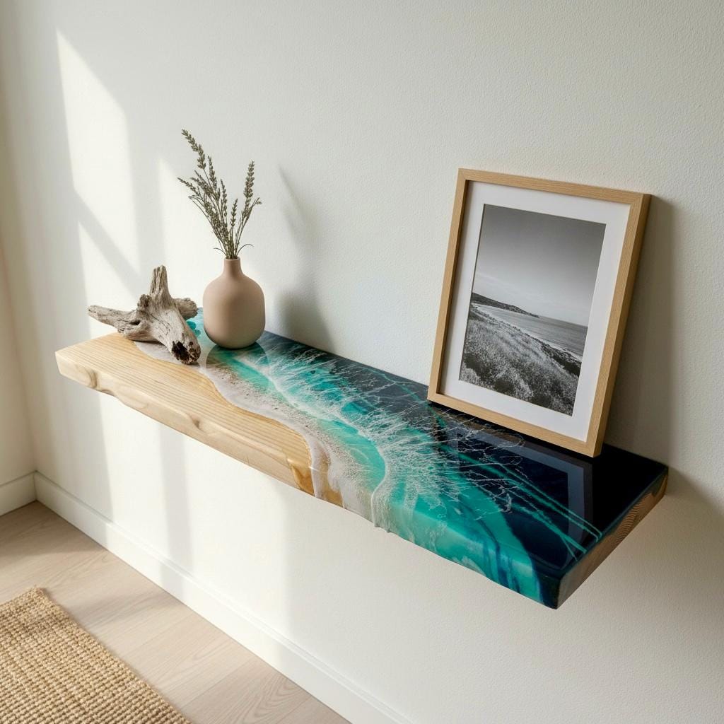 Deep Pine Floating Shelf with Resin Ocean Design – 20 cm Functional Coastal Wall Shelf, Handmade
