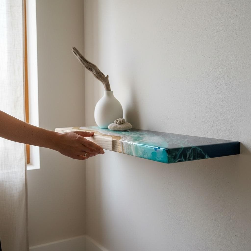Deep Pine Floating Shelf with Resin Ocean Design – 20 cm Functional Coastal Wall Shelf, Handmade
