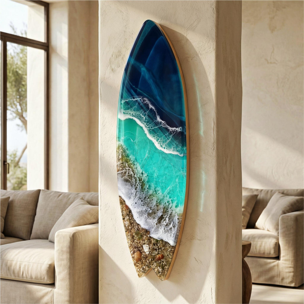 3D Resin Ocean Sculpture – 50cm & 80cm Wall Art | Handmade Surfboard Ocean Slice | Luxury Coastal Installation | Made-to-Order Coastal Decor