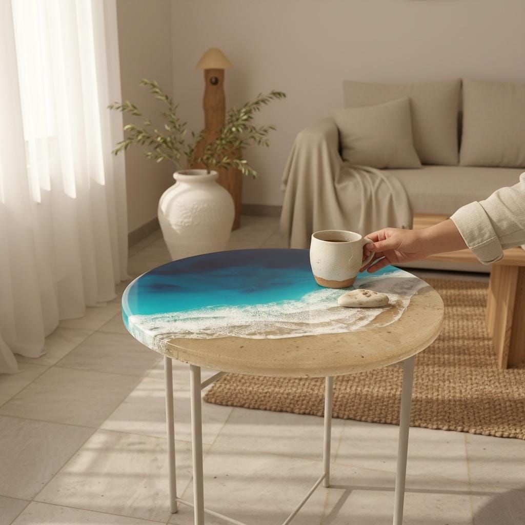 3D Resin Ocean Coffee Table | Handmade Coastal Functional Art | Round Beach Table with Realistic Wave Depth | Modern Mediterranean Design
