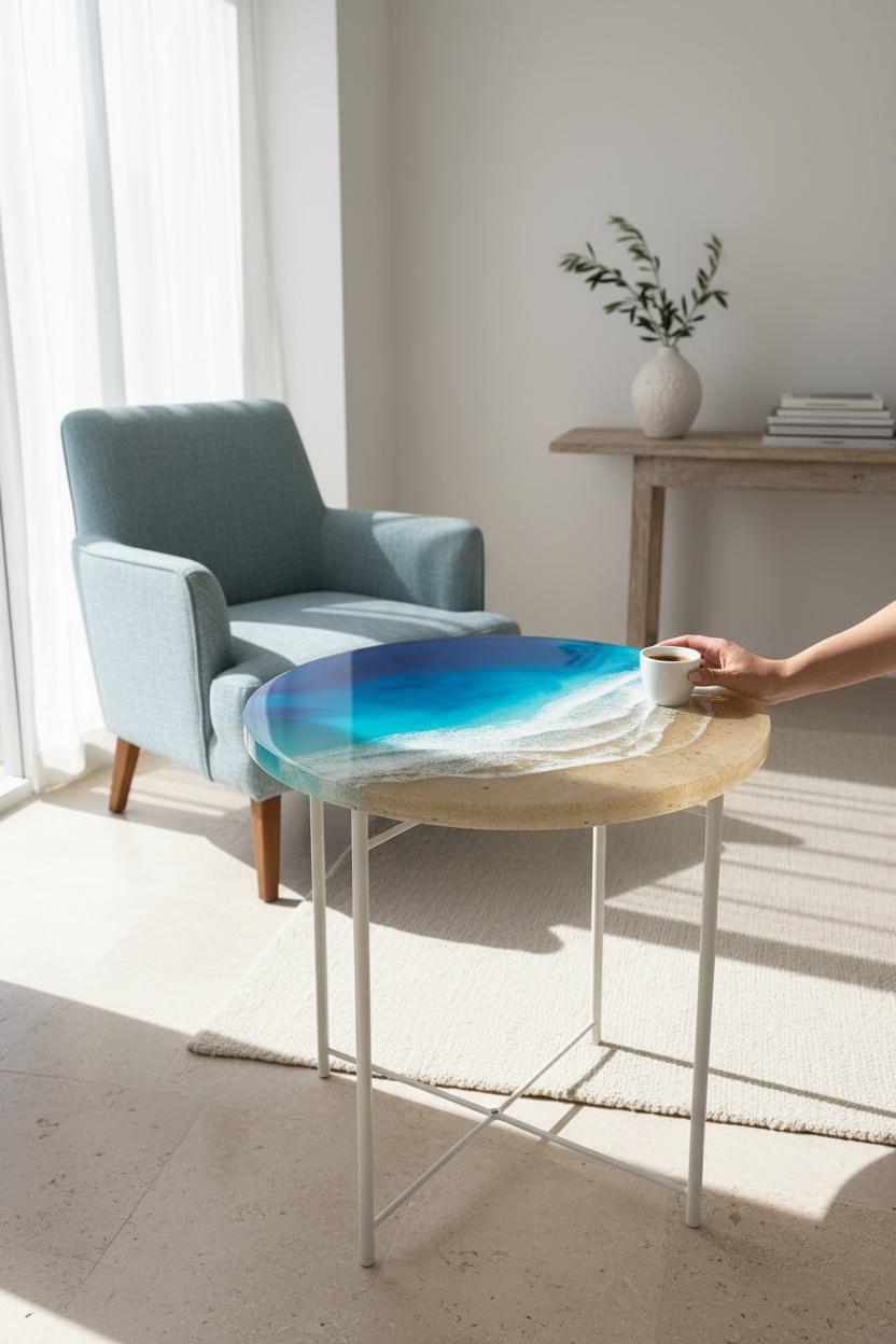 3D Resin Ocean Coffee Table | Handmade Coastal Functional Art | Round Beach Table with Realistic Wave Depth | Modern Mediterranean Design
