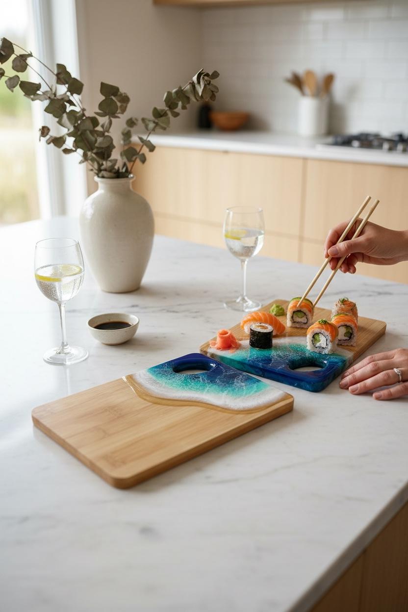 Handmade bamboo boards with resin ocean waves, inspired by the sea. Each piece is made to order and completely unique (20CM)