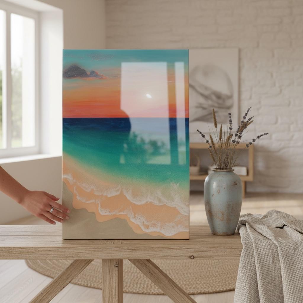 Ready to Ship Original Ocean Artwork, Resin Ocean Painting: Amber Horizon Seascape, Coastal Wall Art (60x40cm)