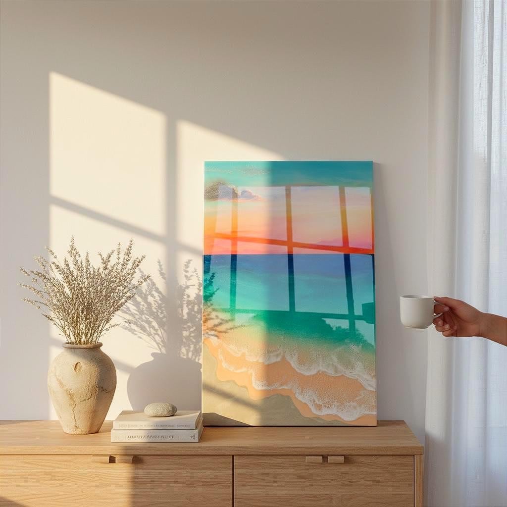 Ready to Ship Original Ocean Artwork, Resin Ocean Painting: Amber Horizon Seascape, Coastal Wall Art (60x40cm)