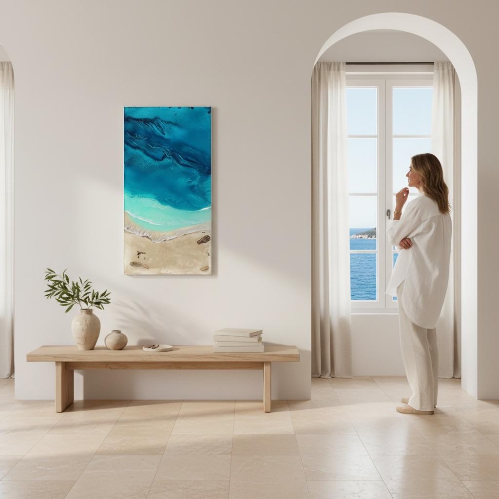 Ready to Ship Original Ocean Artwork, Ocean Veins – 80×50cm Resin Ocean Painting | Mixed Media Coastal Wall Art | Framed in Aluminium