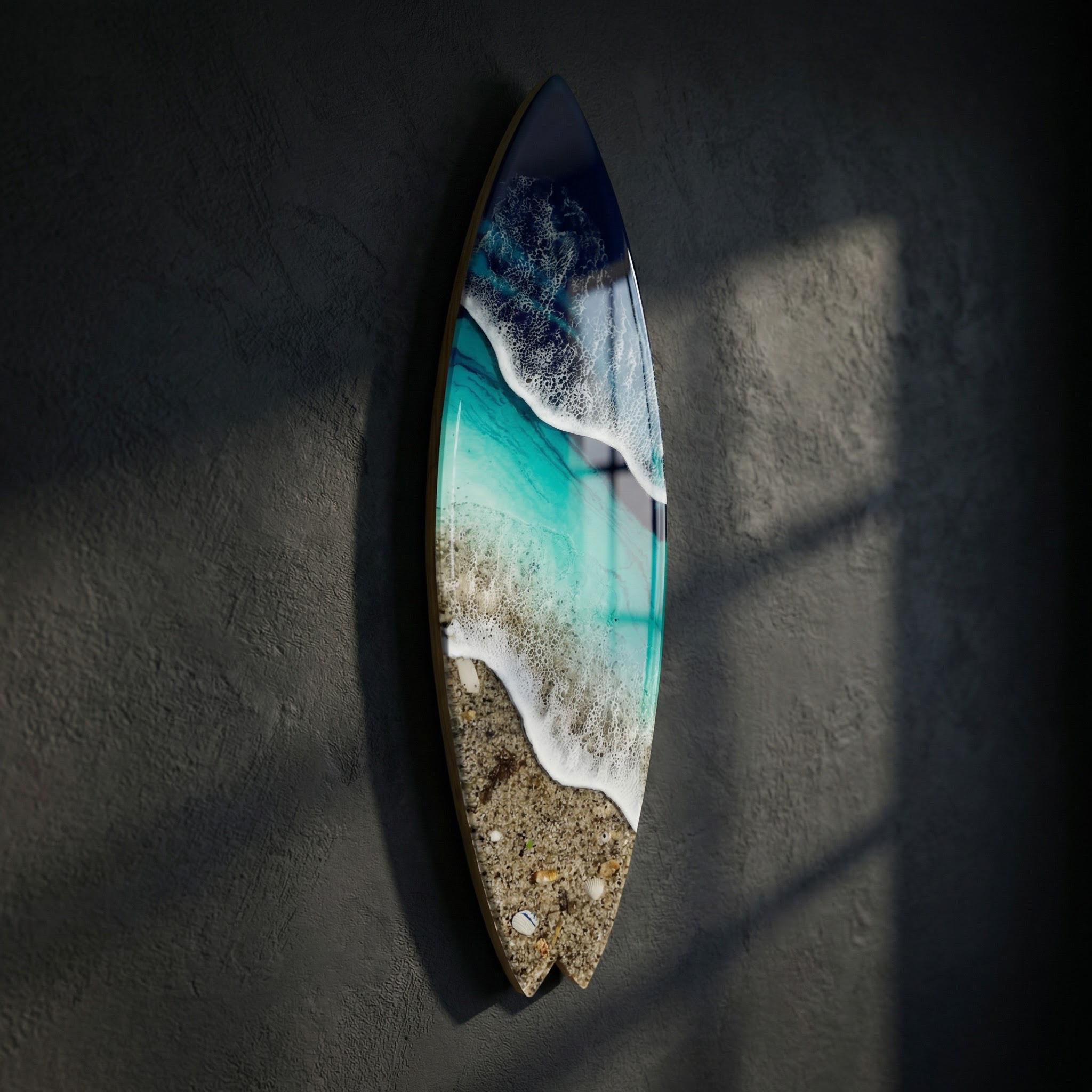 Vertical Resin Surfboard Wall Art – 3D Ocean Sculpture on Pine Wood Base, Handmade Coastal Statement Decor, Small Surfboard Art 50cm / 80cm