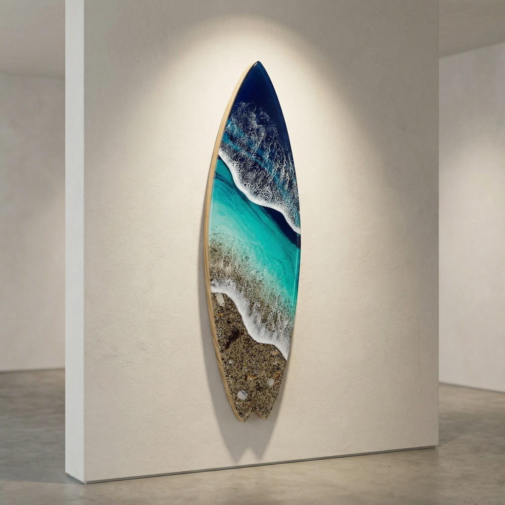 Vertical Resin Surfboard Wall Art – 3D Ocean Sculpture on Pine Wood Base, Handmade Coastal Statement Decor, Small Surfboard Art 50cm / 80cm