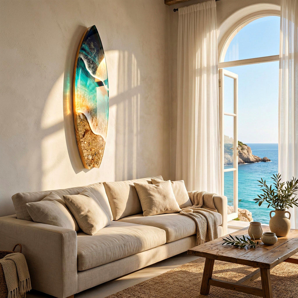 Large Vertical Resin Surfboard Wall Art – 3D Ocean Sculpture on Pine Wood Base, Handmade Luxury Coastal Statement Piece, 100cm / 120cm