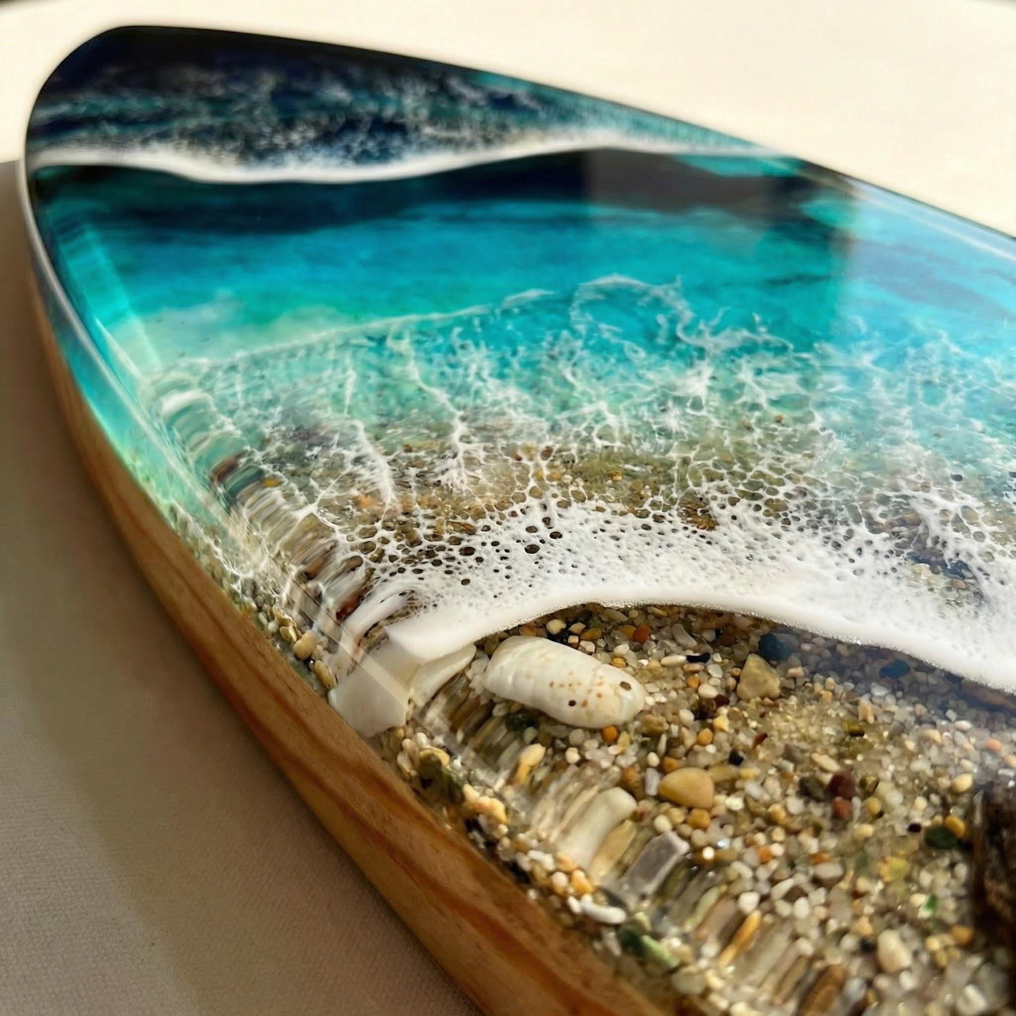 Vertical Resin Surfboard Wall Art – 3D Ocean Sculpture on Pine Wood Base, Handmade Coastal Statement Decor, Small Surfboard Art 50cm / 80cm