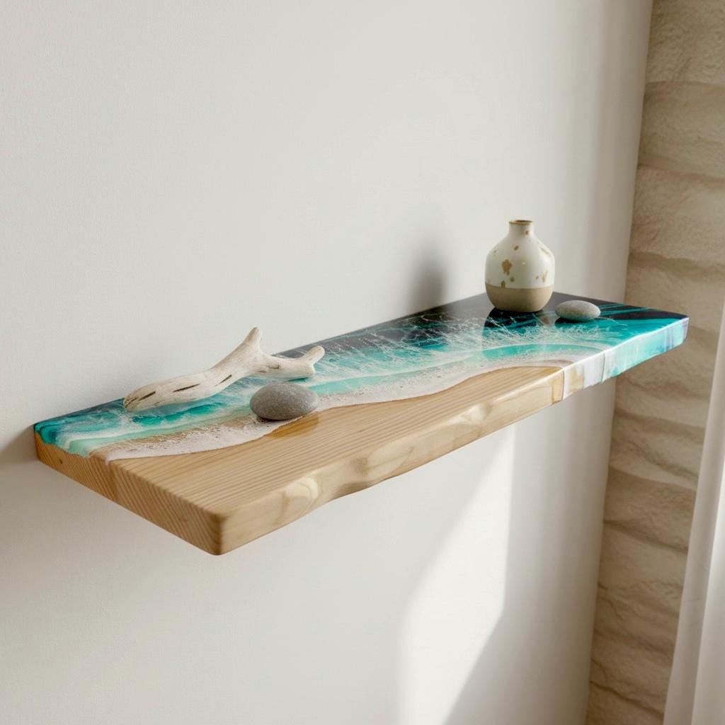 Deep Pine Floating Shelf with Resin Ocean Design – 20 cm Functional Coastal Wall Shelf, Handmade