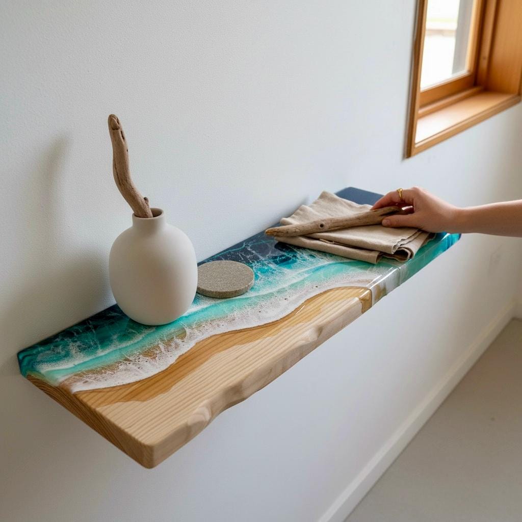 Deep Pine Floating Shelf with Resin Ocean Design – 20 cm Functional Coastal Wall Shelf, Handmade