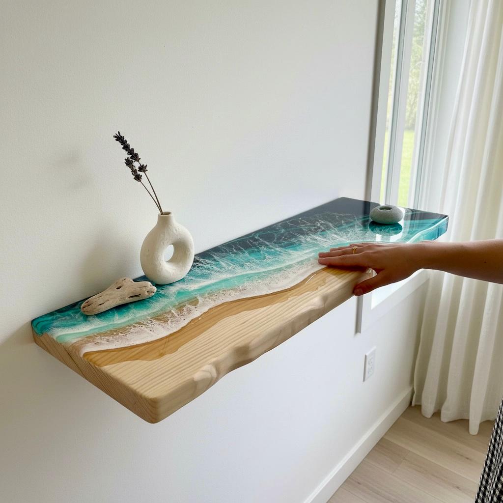 Deep Pine Floating Shelf with Resin Ocean Design – 20 cm Functional Coastal Wall Shelf, Handmade