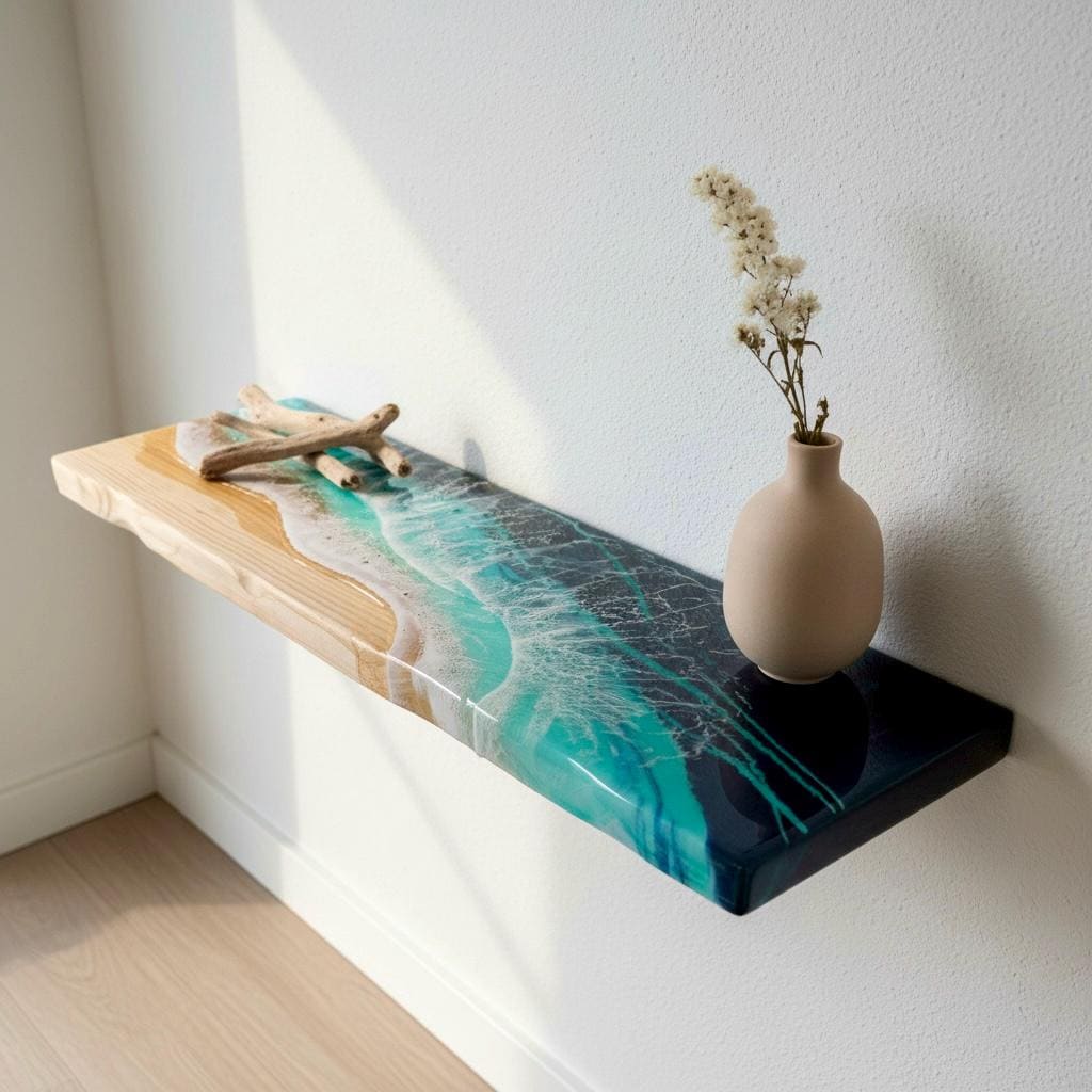 Deep Pine Floating Shelf with Resin Ocean Design – 20 cm Functional Coastal Wall Shelf, Handmade